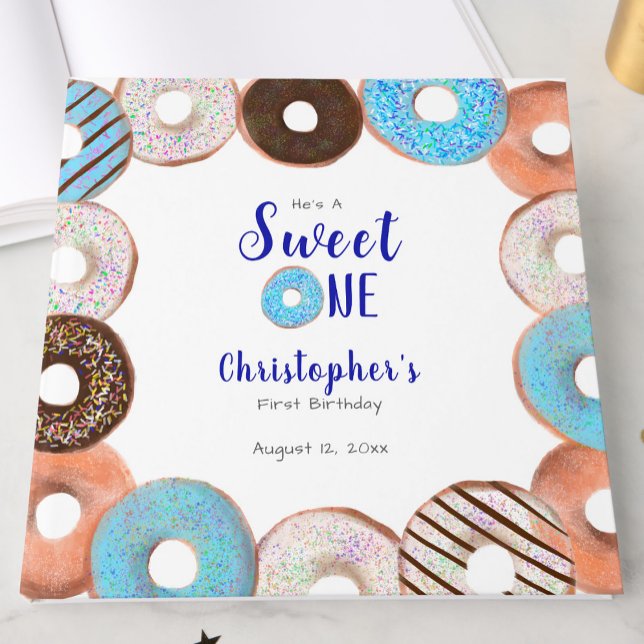 Custom Sweet One Doughnut First Birthday Blue Guest Book (Creator Uploaded)