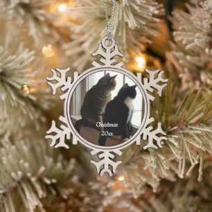 Custom Tabby and Tuxedo Cat Waiting for Santa Orna Snowflake Pewter Christmas Ornament