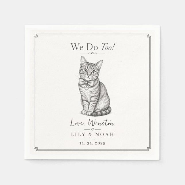 Custom Tabby Cat Modern Wedding Sketch Minimalist Napkin (Front)