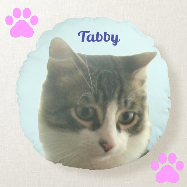 Custom Tabby Cat Photo on Light Blue Round Cushion (Creator Uploaded)
