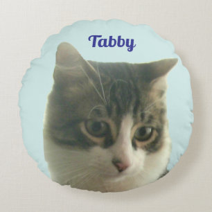 Custom Tabby Cat Photo on Light Blue Round Cushion