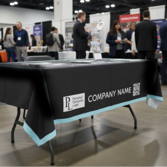 Custom Table Cover Business Logo Blue Border Tablecloth (custom tablecloth table cover logo printing trade show for business event - black with blue border)