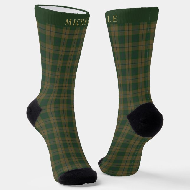 Custom Tan Brown Green Chequered Pattern Socks (Angled)