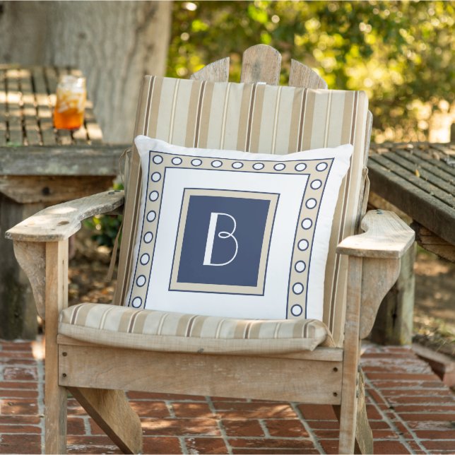 Custom Taupe Beige Dark Navy Blue Polka Dots Art Cushion (Chair)