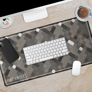 Custom Taupe Grey Dark Brown Black Pixel Pattern Desk Mat