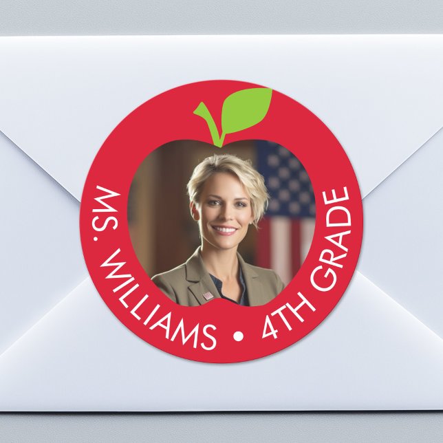 Custom Teacher and Grade - Apple with Photo Classic Round Sticker (Custom Sticker for Party Favors, Classroom Identification or Envelopes)