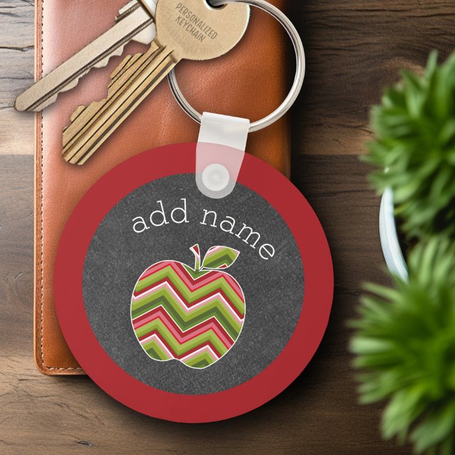 Custom Teacher Apple - Red Green Chevron Pattern Key Ring (Personalized Keychain - Custom Teacher Gift or Classroom Keyring)