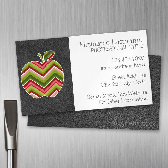 Custom Teacher Apple - Red Green Chevron Pattern Magnetic Business Card (Custom Business Card Magnet)