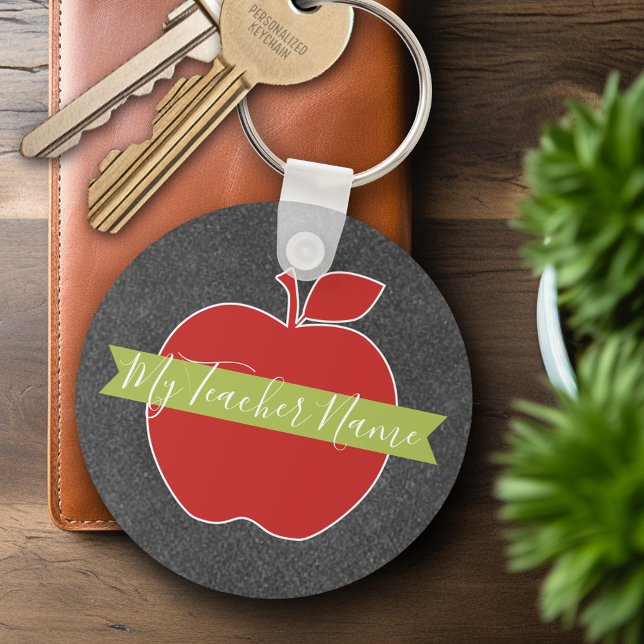 Custom Teacher Apple - Red Green Handwritten Font Key Ring (Personalized Keychain - Custom Teacher Gift or Classroom Keyring)