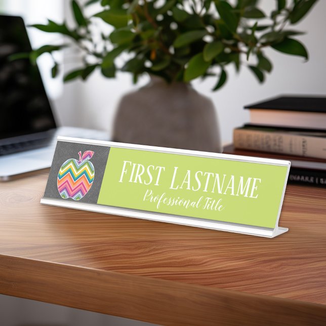 Custom Teacher Apple with Trendy Chevron Pattern Desk Name Plate (Teacher Desk Name Plate - Great Teacher Appreciation Gift or Classroom Decor)
