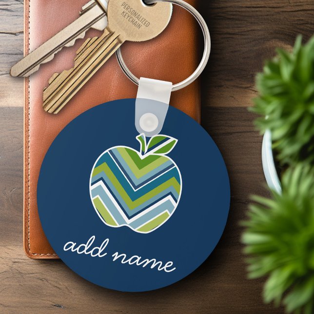 Custom Teacher Apple with Trendy Chevron Pattern Key Ring (Personalized Keychain - Custom Teacher Gift or Classroom Keyring)