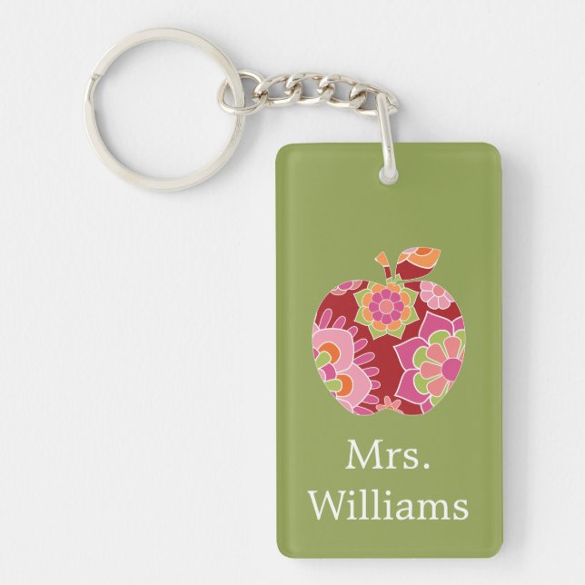 Custom Teacher Apple with Trendy Floral Pattern Key Ring (Front)