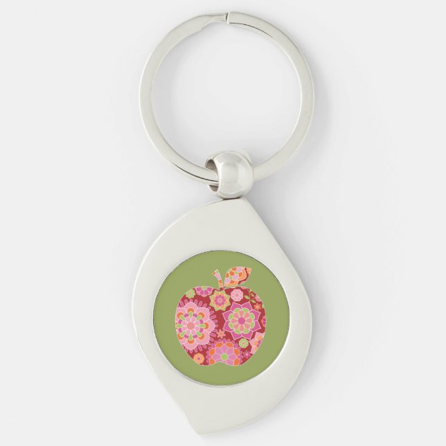 Custom Teacher Apple with Trendy Floral Pattern Key Ring (Front)