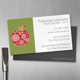 Custom Teacher Apple with Trendy Floral Pattern Magnetic Business Card