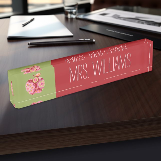 Custom Teacher Apple with Trendy Floral Pattern Nameplate (Personalized Teacher Name Plate)