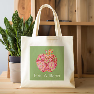 Custom Teacher Apple with Trendy Floral Pattern Tote Bag