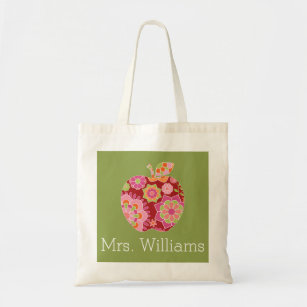 Custom Teacher Apple with Trendy Floral Pattern Tote Bag
