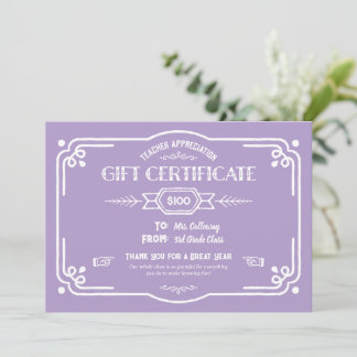 Custom Teacher Appreciation Gift Certificate Card