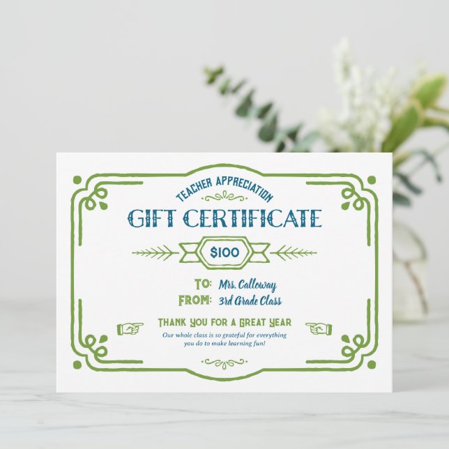 Custom Teacher Appreciation Gift Certificate Card (Standing Front)
