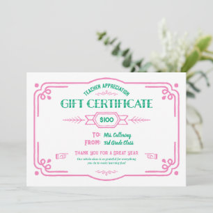 Custom Teacher Appreciation Gift Certificate Card