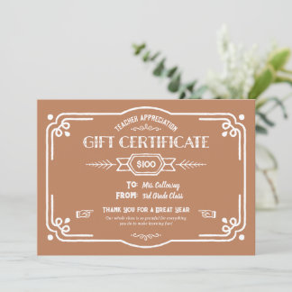 Custom Teacher Appreciation Gift Certificate Card