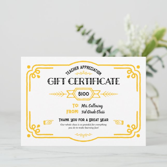 Custom Teacher Appreciation Gift Certificate Card (Standing Front)