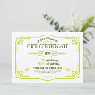 Custom Teacher Appreciation Gift Certificate Card