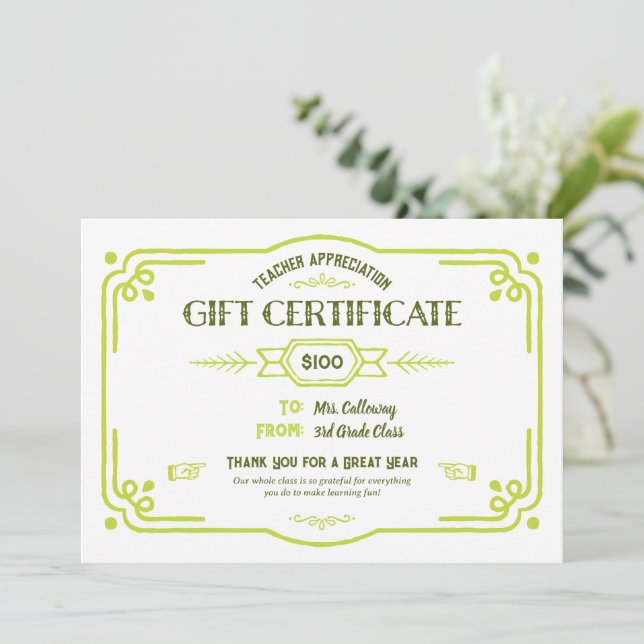 Custom Teacher Appreciation Gift Certificate Card (Standing Front)