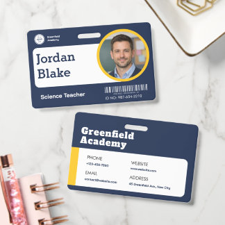 Custom Teacher ID Badge with School Logo - Navy