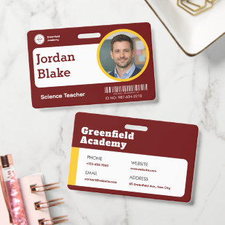 Custom Teacher ID Badge with School Logo - Red