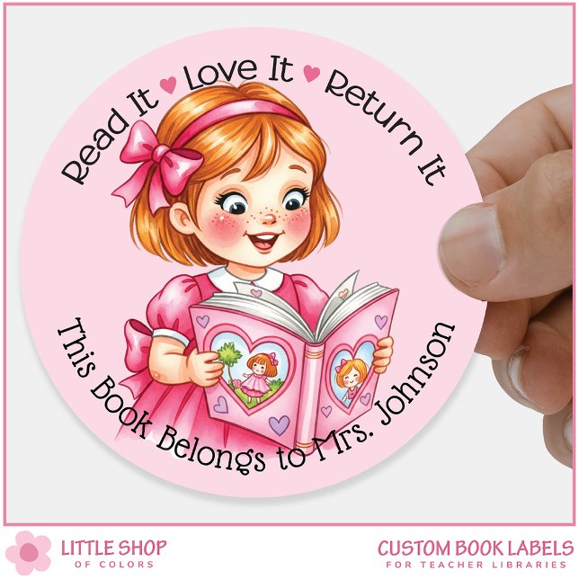 Custom Teacher Library Bookplate Girl Reading Book Classic Round Sticker (Creator Uploaded)