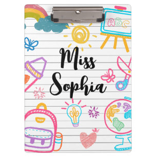 Custom Teacher Name   Cute Colourful doodle Clipboard