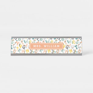Custom Teacher Name Cute Dino Alphabet Pattern Desk Name Plate