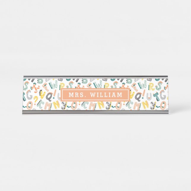 Custom Teacher Name Cute Dino Alphabet Pattern Desk Name Plate (Front)