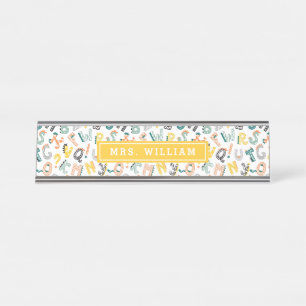 Custom Teacher Name Cute Dino Alphabet Pattern Desk Name Plate