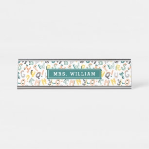 Custom Teacher Name Cute Dino Alphabet Pattern Desk Name Plate