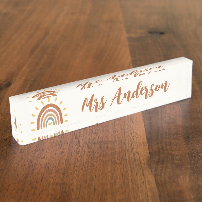 Custom Teacher Name Grade Boho Rainbow Sun Nameplate (Side)