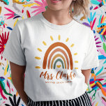 Custom Teacher Name Grade Boho Rainbow Sun T-Shirt<br><div class="desc">The Custom Name Boho Earth Tone Rainbow Sun T-shirt is a unique and stylish piece of clothing that combines bohemian and earthy elements with a vibrant rainbow sun. In addition to the striking graphic, the T-shirt can also be customised with your teacher name, as well as the grade or any...</div>