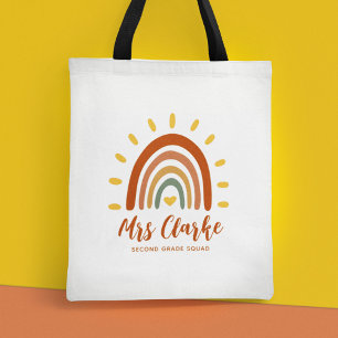 Custom Teacher Name Grade Boho Rainbow Sun Tote Bag