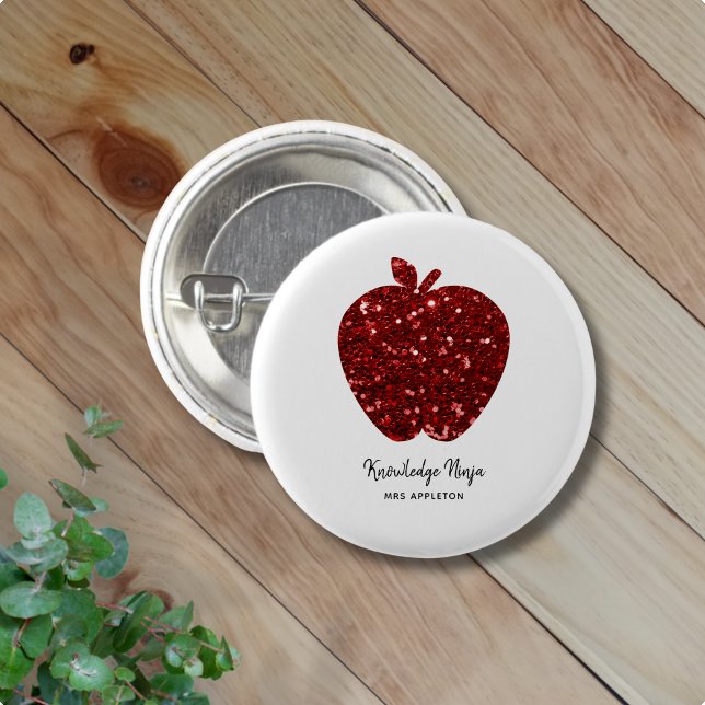 Custom Teacher Name Red Apple Faux Glitter 3 Cm Round Badge (Replace text & name to personalize.  Matching items available in collection)