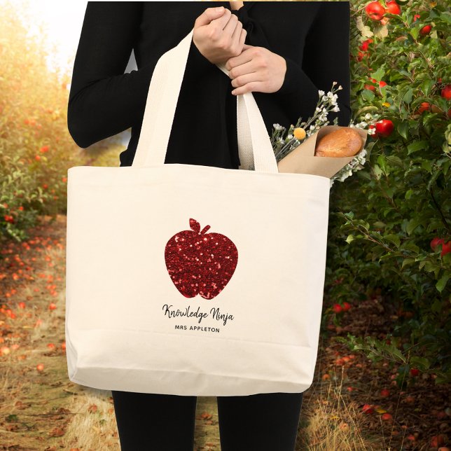 Custom Teacher Name Red Apple Faux Glitter Large Tote Bag (Customize with Name and text, swap Knowledge Ninja for other text if you wish. Matching  items, too)