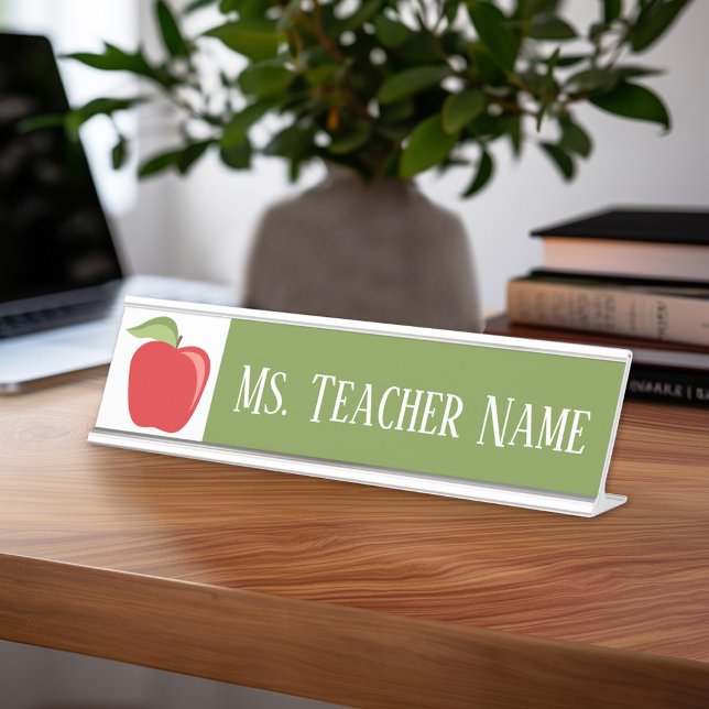 Custom Teacher Name with Modern Apple Desk Name Plate (Teacher Desk Name Plate - Great Teacher Appreciation Gift or Classroom Decor)