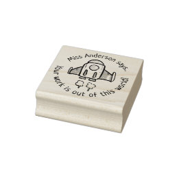 Custom Teacher Praise with Rocket round Rubber Stamp