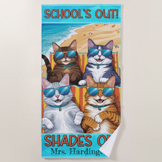 Custom Teacher "School's Out" Summer Break Cat  Beach Towel (Front)