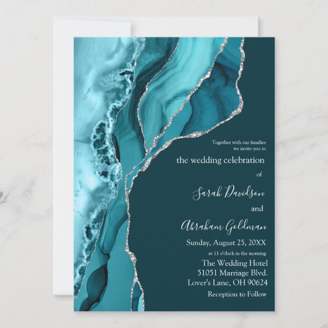 Custom Teal Agate Silver Glitter Wedding Invitation (Front)