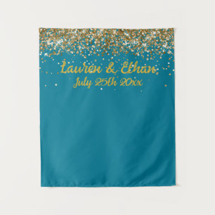 Custom Teal and Gold Glitter Wedding Photo Booth Tapestry