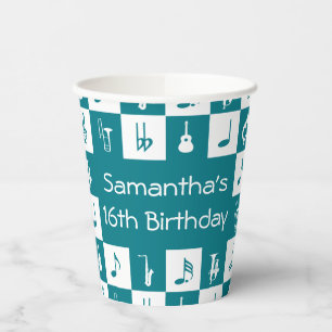 Custom teal and white music notes and instruments paper cups