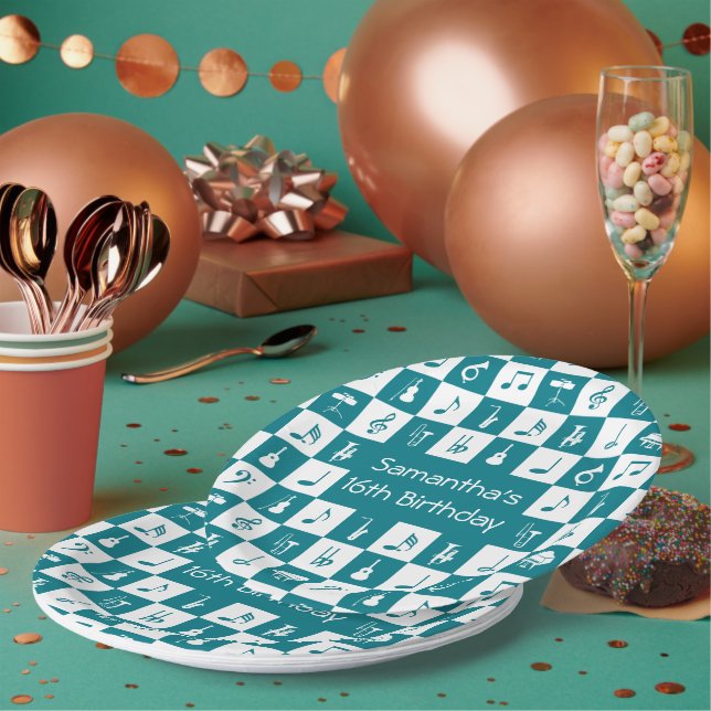 Custom teal and white music notes and instruments paper plate (Multi)