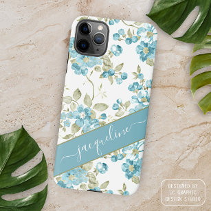 Custom Teal Aqua Blue Sage Green Flowers Art iPhone 14 Plus Case