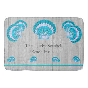 Custom Teal Aqua Seashell White Shell Coastal Grey Bath Mat